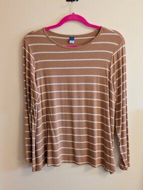 Old Navy Luxe Long Sleeve T-Shirt, Tan with White Stripes, Size L